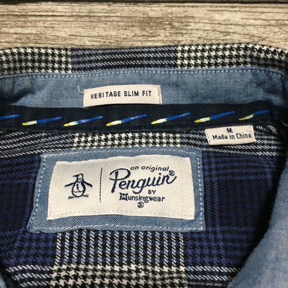 Penguin Heritage Slim Fit Flannel Shirt Men’s M Blue Black Plaid Button Up - Picture 9 of 9